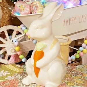 RAE DUNN Easter "HIPPITY HOP" Bunny Rabbit Carrot Basket Planter Figurine Décor